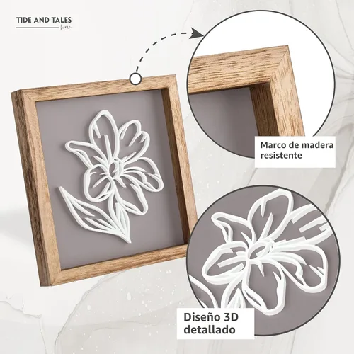Vista 4 de Tide and Tales Arte de pared floral botánico 3D (juego de 2 marcos) listo para colgar, decoración bohemia ligera para paredes, decoraciones Naturales