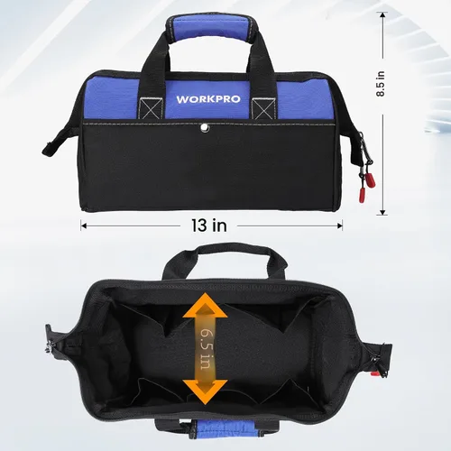 Vista 2 de WORKPRO Bolsa de herramientas de 13 pulgadas de boca ancha, bolsa de herramientas portátil con bolsillos interiores para almacenamiento