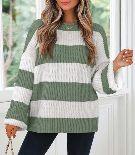 Vista 49 de ZESICA Suéter tejido sin botones de manga larga y cuello redondo, a rayas, bloques de color, cómodo, holgado, talla extragrande para mujer de 2024