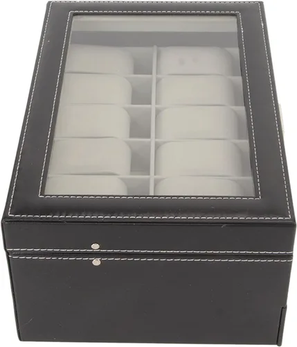 Vista 6 de JUOPZKENN Caja de almacenamiento de reloj de piel sintética con cerradura de 12 ranuras, color negro, 2 niveles, con tapa de cristal, soporte