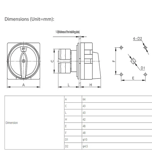 Vista 5 de Interruptor giratorio ATO 20A, 4 polos, interruptor de leva giratorio universal de 2 posiciones, interruptor de cambio seguro y confiable (20A)