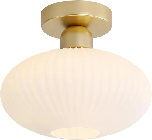 Vista 11 de KCO Lighting - Lámpara de techo de latón antiguo, lámpara de techo semiempotrada de vidrio de leche vintage, lámpara de techo pequeña dorada