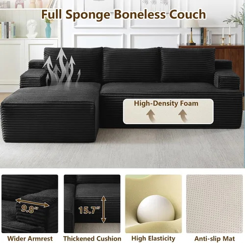 Vista 7 de Sofá seccional Cloud de 96 pulgadas, sofá deshuesado para sala de estar, sofá modular con asiento profundo, sofá de pana cómodo y esponjoso con Negro
