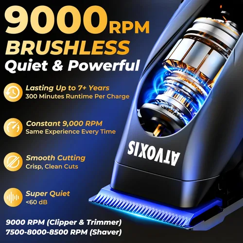 Vista 3 de Juego de cortapelos profesional con motor sin escobillas de 9000 RPM para hombres: cortadoras inalámbricas y recortadoras de espacio cero