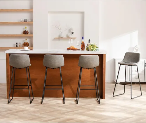 Vista 14 de HeuGah Juego de 2 taburetes de bar de piel sintética, sillas de comedor con patas de metal y respaldo suave, fáciles de montar