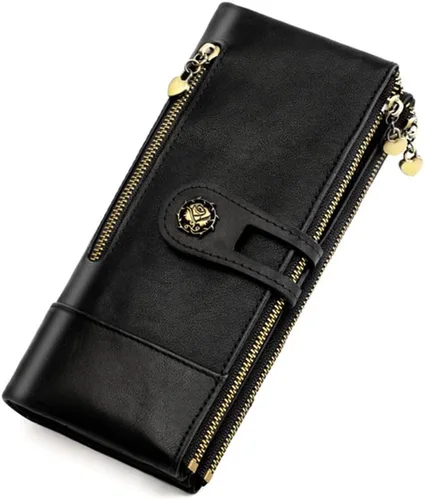 Vista 2 de Teanea Cartera plegable delgada de cuero genuino con bloqueo RFID con bolsillo para teléfono para mujer, Negro -, Cartera RFID plegable