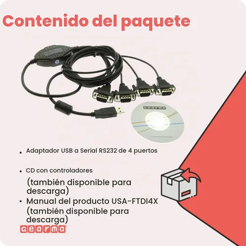 Vista 7 de Gearmo Adaptador serie USB a RS232 de 4 puertos con chipset FTDI – Compatible con Windows 11, 10, 8, 7, Linux y Mac, cuenta con Plug-and-Play sin