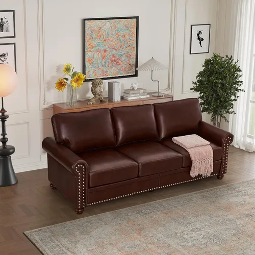 Vista 3 de Classic Century - Sofá de 3 asientos de piel sintética burdeos con ribete de cabeza de clavo, sofá relleno de espuma para sala de estar, 82.68 x