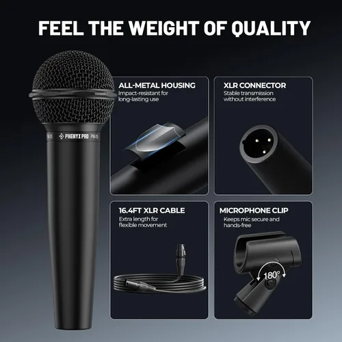 Vista 5 de Phenyx Pro Micrófono vocal dinámico, micrófono cardioide con cable XLR de 16.4 pies, clip de micrófono, bolsa de almacenamiento, micrófono de mano