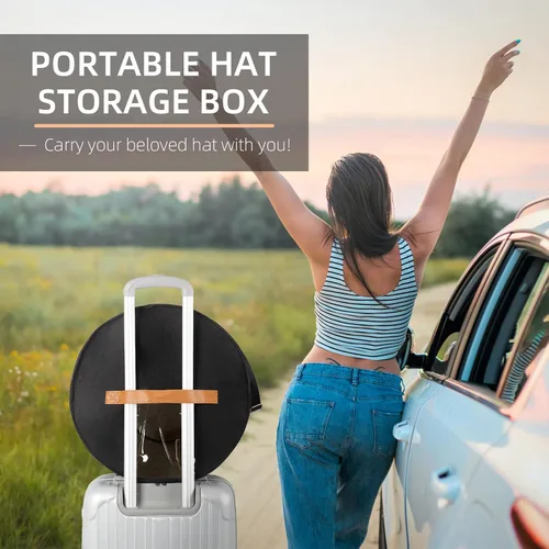 Vista 2 de Pehciroe Caja de almacenamiento moderna para sombreros redondos negros, cajas portátiles de fieltro para sombreros de viaje con tapa translúcida a