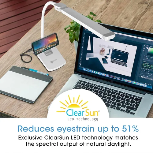 Vista 4 de OttLite Lámpara de escritorio LED giratoria con puerto USB, color blanco