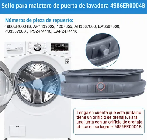 Vista 2 de Junta de puerta de lavadora MEJORADA 4986ER0004B sin puerto de drenaje, compatible con sello de puerta de lavadora de carga frontal LG WM2277HW
