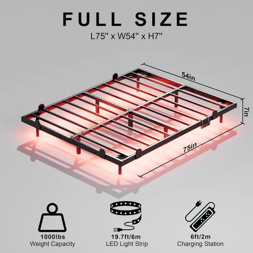 Vista 2 de LUKIROYAL Marco de cama flotante con luces LED inteligentes y estación de carga, marco de cama flotante de tamaño completo de 7 pulgadas con luces