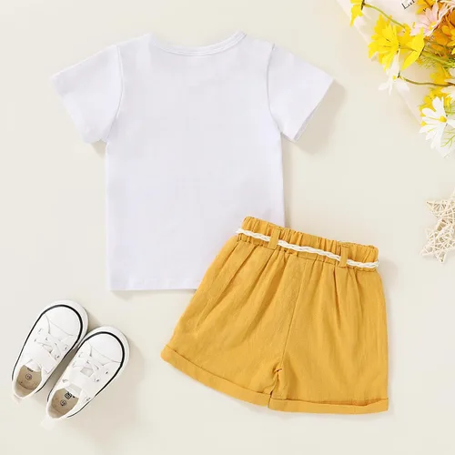 Vista 3 de YOUNGER TREE - Conjunto de ropa para bebés y niñas, camiseta de sandía y pantalones cortos de lino con cinturón, conjunto de verano lindo Abeja feliz