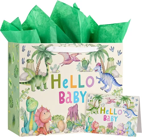 Vista 13 de WRAPAHOLIC Bolsa de regalo grande de 13 pulgadas con tarjeta y papel de seda, adorable bolsa de regalo de elefante para bebé, baby shower, fiesta