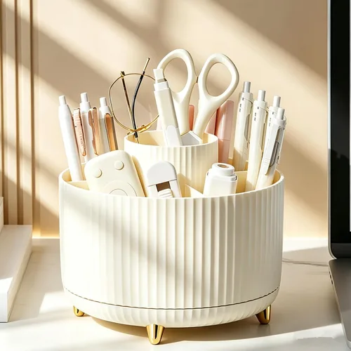 Vista 6 de Organizador de brochas de maquillaje giratorio de 360 grados, diseño desmontable, 5 ranuras, para cosméticos y lápices, organizador para escritorio