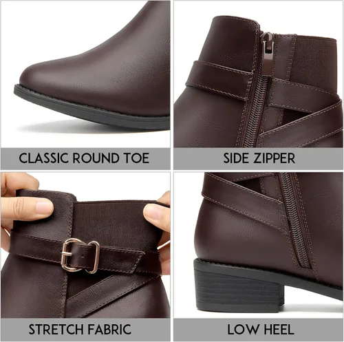 Vista 3 de Botines clásicos para mujer, tacón bajo, hebilla y correa, botines de punta redonda para mujer, zapatos de moda