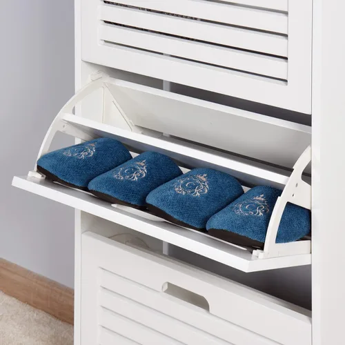 Vista 6 de Armario de madera para zapatos con 3 cajones abatibles, organizador de almacenamiento de zapatos independiente con puerta con listones y estante