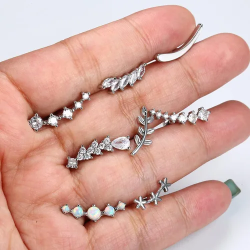 Vista 7 de Jstyle Juego de 8 aretes tipo dormilona de acero inoxidable 316L de 16G para mujeres y niñas, barra de hoja de ópalo con circonita cúbica, rosca