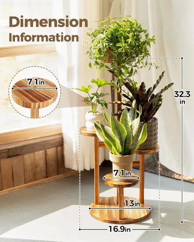 Vista 2 de Bamworld Soporte para plantas de interior, soporte de madera de 4 niveles para múltiples plantas, soportes de esquina altos para plantas al aire