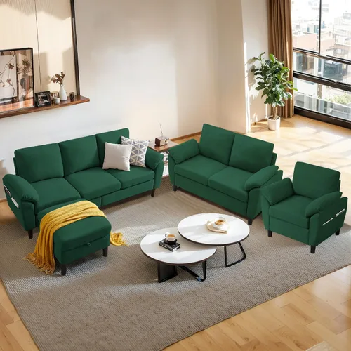 Vista 7 de Juego de sofás modulares de 3 piezas, sofás de 3 plazas en forma de L y sofá biplaza con sillón y otomana de almacenamiento para sala de estar Verde