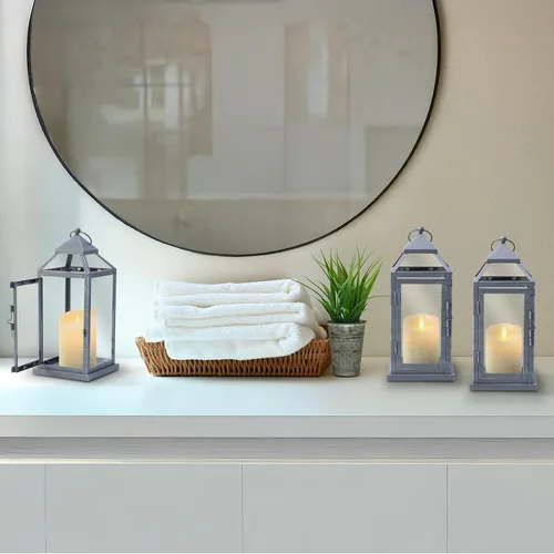 Vista 6 de Elements Faroles de metal con velas LED, juego de 3, 5.2 x 5.2 x 12 pulgadas, color gris
