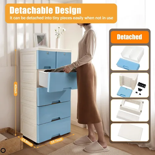 Vista 2 de Cómoda de 5 niveles con 6 cajones, organizador de almacenamiento de ropa con cerraduras y ruedas, armario alto para oficina, hogar, dormitorio