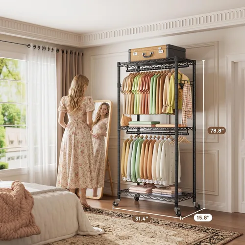 Vista 3 de Estante para ropa resistente con ruedas, estante enrollable para prendas, estantes ajustables de alambre de 3 niveles para colgar ropa con barras