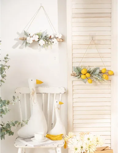 Vista 4 de DEDEMCO Botín floral de limón para puerta delantera, guirnalda de hojas de eucalipto para colgar frutas artificiales de 16 pulgadas, guirnalda