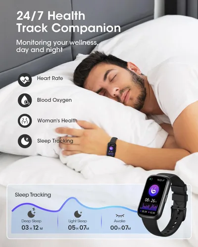 Vista 2 de Rastreador de salud y fitness para hombres y mujeres: reloj inteligente con monitor de ritmo cardíaco 24H, oxígeno en sangre, rastreador de sueño