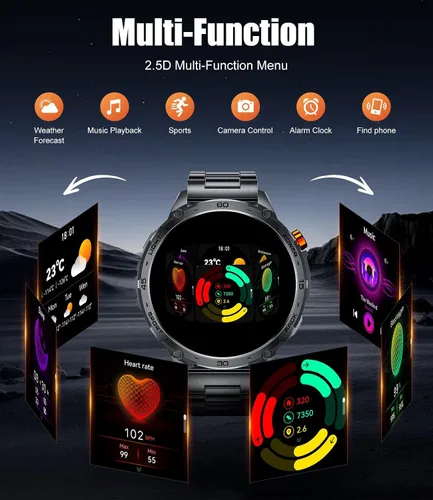 Vista 7 de LIGE Reloj inteligente militar para hombre, 730 mAh/1.75 pulgadas, pantalla táctil HD AMOLED, con linterna LED para Android iOS, rastreador