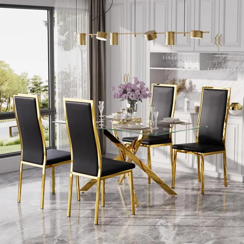 Vista 17 de Juego de mesa de comedor de cristal dorado moderno de 63 pulgadas para 6, juego de mesa de cocina rectangular de 7 piezas con patas de acero Negro