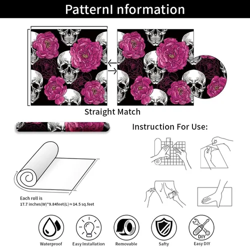 Vista 7 de Sugar Skull Penoy Papel Tapiz Floral de Despegar y Pegar para Dormitorio Negro/Blanco/Rojo Papel de Contacto Removible Decoraciones de Pared