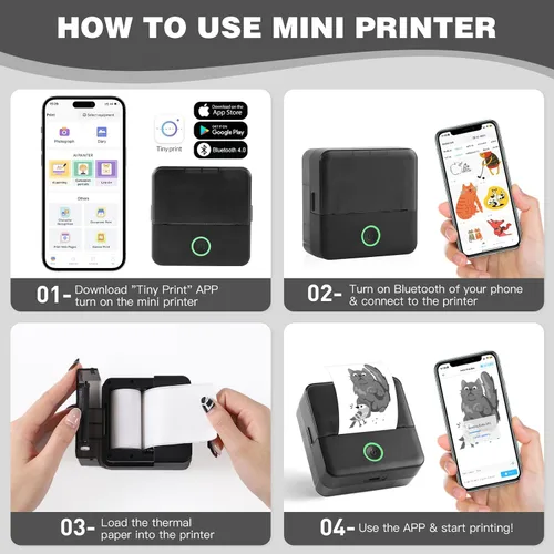 Vista 6 de cudinham Mini impresora Print Pods, fabricador de pegatinas térmico sin tinta con 10 rollos de papel de impresión, Printpod de bolsillo para Negro
