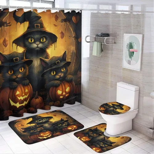 Vista 13 de Juego de 4 cortinas de ducha de Halloween, gato negro, luna llena, calabaza aterradora, cortina de ducha y alfombras, juego de cortina de ducha