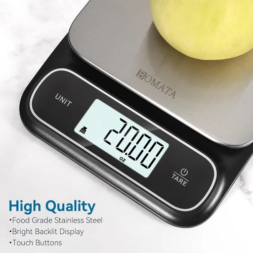 Vista 5 de BOMATA Balanza de cocina impermeable IPX6, precisión alta de 0.1 g/0.01 oz, 5 kg/11 lbs, balanza digital con luz de fondo, plataforma de pesaje