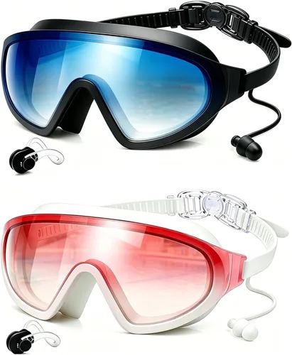 Vista 28 de Swim Goggles 2 Pack, Wide View Anti Fog&UV Swimming Goggles for Audlt, No Leak Pool Beach Essentials for Men Women Azul claro y rosa espejado