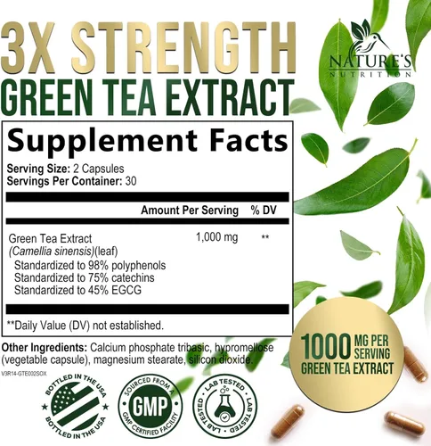 Vista 2 de Extracto de té verde 98% EGCG estandarizado – 3 veces de fuerza para energía natural – Auxiliar cardíaco con polifenoles – cafeína suave, fabricado