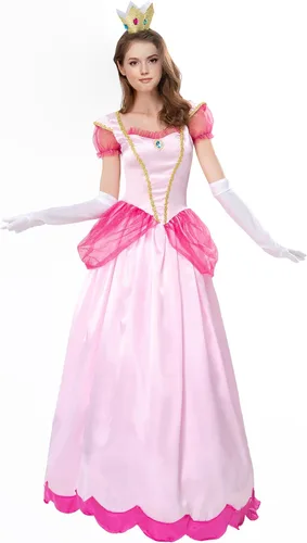 Vista 3 de Disfraz de princesa melocotón para adultos, vestido de Super Bros con corona y guantes