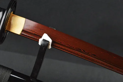 Vista 5 de Dragón rojo grabado SAYA - Espada guerrera katana japonesa de Damasco con hoja de acero doblada