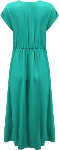 Vista 2 de ASSUAL Vestido de manga corta con cuello en V para mujer, fibra de Lyocell natural, cintura frontal con botones, vestidos midi casuales de oficina