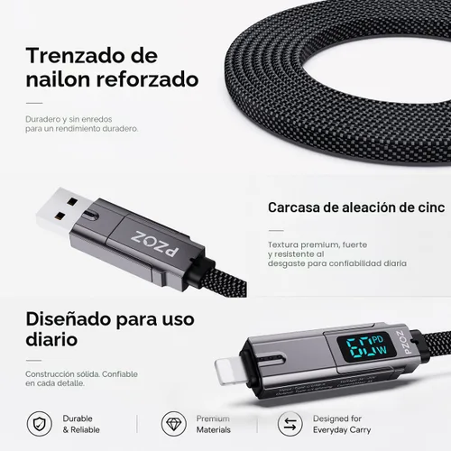 Vista 5 de pzoz Cable de carga múltiple llavero cable de carga con pantalla LED, 4 en 1 Multi USB C de carga rápida Combo Lightning/Tipo C/USB A/USBC