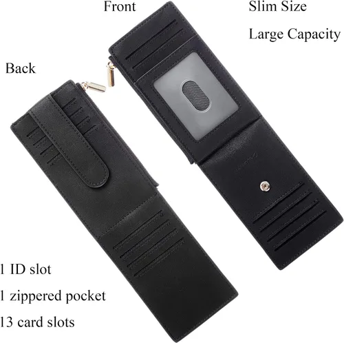 Vista 3 de Chelmon Billetera delgada con bloqueo RFID para mujer con bolsillo con cremallera Negro liso Minimalista