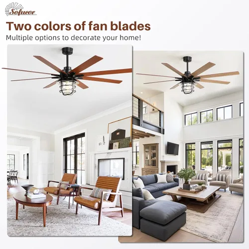 Vista 7 de Sofucor - Ventilador de techo de granja de 66 pulgadas con luces y control remoto, ventilador de techo moderno con jaula y motor CC reversible