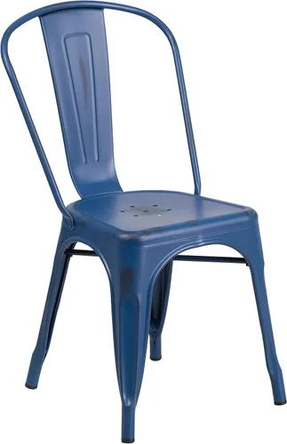 Vista 3 de Merrick Lane Banks - Silla apilable de comedor, marco de metal azul antiguo, acabado con recubrimiento en polvo envejecido, respaldo de listones