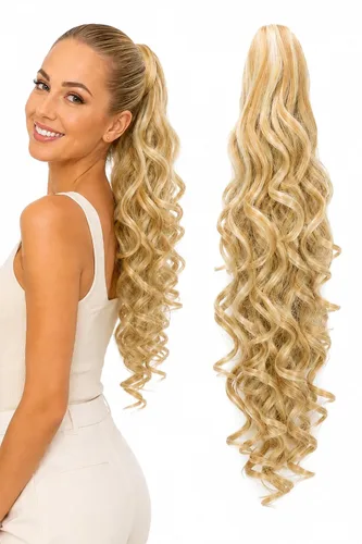 Vista 14 de Prettyshop - Extensión de cola de caballo de 24 pulgadas con clip, larga, voluminosa, ondulada, resistente al calor, color negro H63 Negro # 1 H63