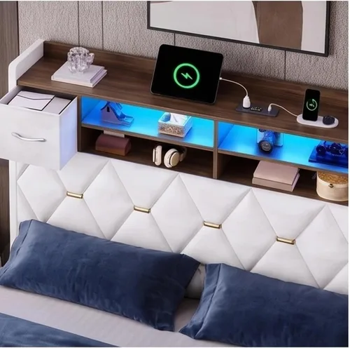 Vista 4 de YITAHOME Cama tapizada de terciopelo blanco tamaño King con carga