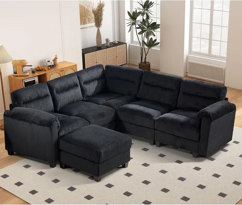 Vista 78 de HAOMARKETS Sofá esquinero modular en forma de L de 115 pulgadas con 2 otomanas móviles, sofás de pana de 8 plazas con cojín grueso para sala de Beige