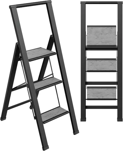 Vista 9 de Escalera de Peldaños de 1 Escalón Plegable, Decorativa - Hermosa Madera Gris y Aluminio Negro, Perfil Ultra Delgado, Peldaños Antideslizantes