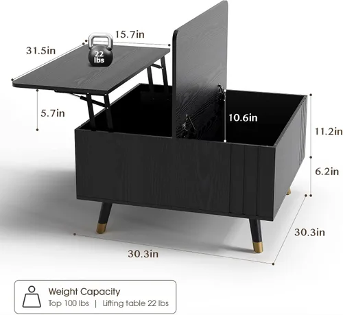 Vista 2 de Mesa de centro elevable con almacenamiento, mesa central negra de 32 pulgadas para sala de estar, mesa de comedor cuadrada con patas de madera maciza